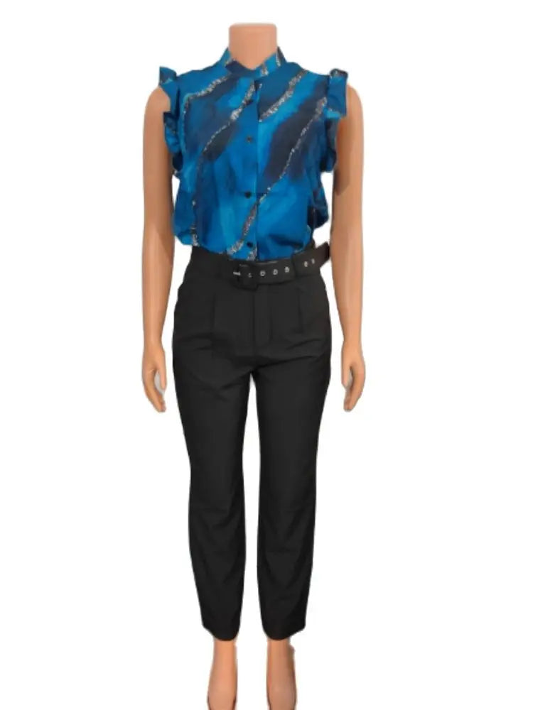 Women's Pant Set 2023 Summer Fashion Geometric Print Ruffle Sleeve Top and Pants Set with Belt Elegant Office Suit