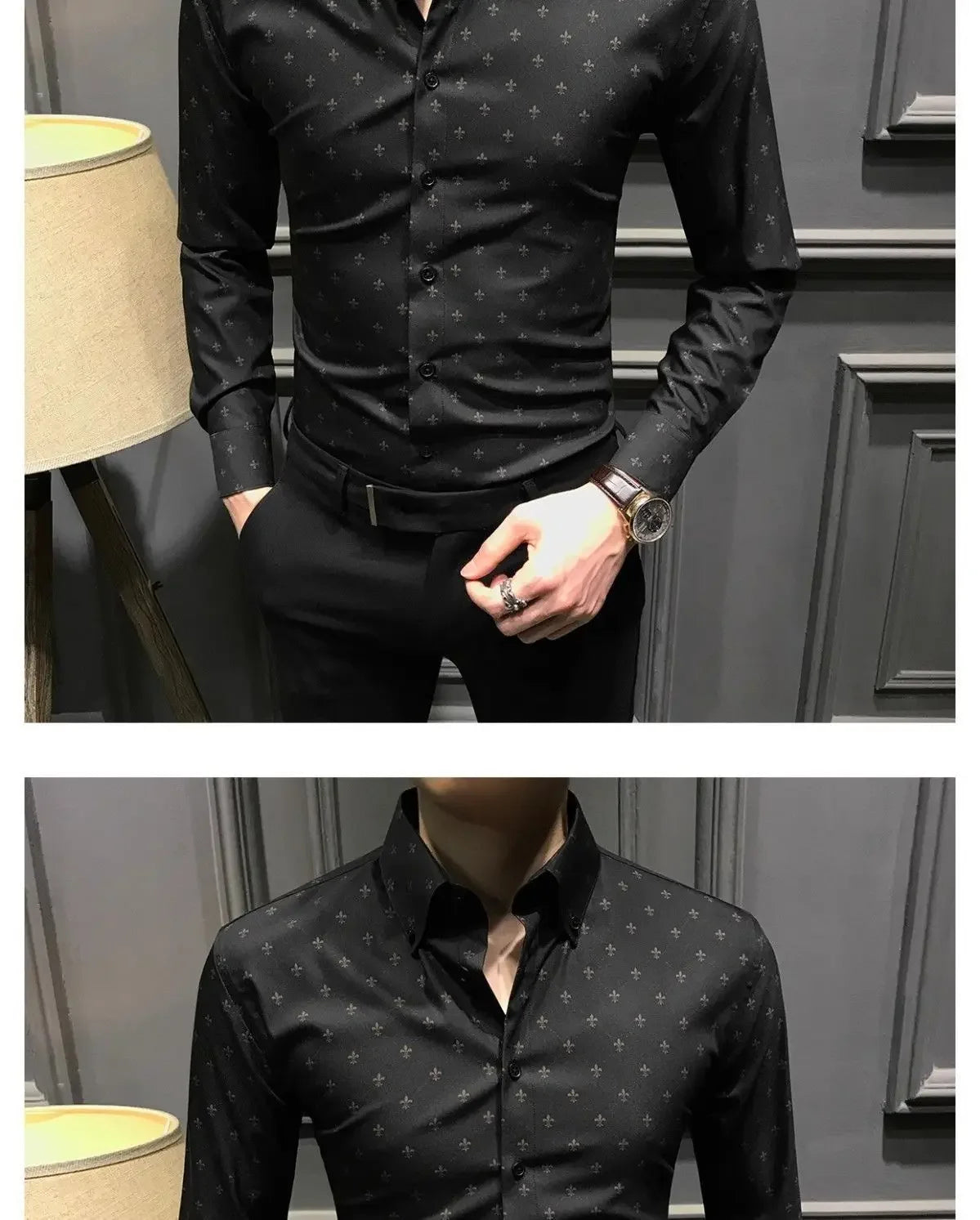 New Spring Autumn Printed Fashionable Men's Long-sleeved Shirts Slim Shirts Trendy Casual Business Tops No Ironing Anti-wrinkle