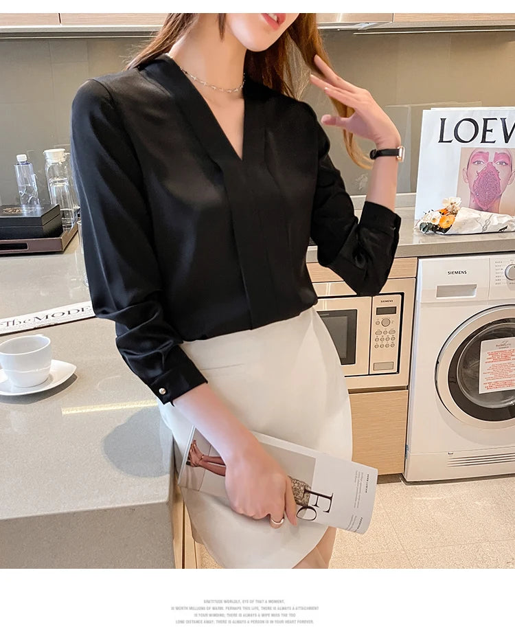Jielur Elegant Office Lady Work White Blouse Female Fashion Basic Long Sleeve Black Shirt Women Spring Chiffon Tops V-Neck S-XXL