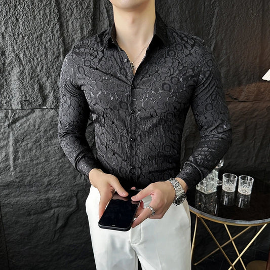 Camisas De Hombre Men Fashion Long Sleeve Jacquard Shirt High Quality Luxury Business Slimming Social Elegant Dress Casual Shirt