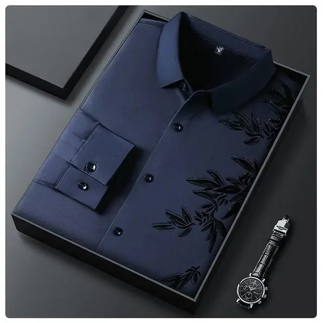 Autumn Winter Plus Fleece Men Shirts Printing Anti-Wrinkle Thermal Turn-down Collar Long Sleeve Banquet Single-breasted Tops