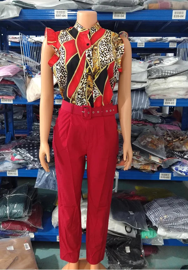 Women's Pant Set 2023 Summer Fashion Geometric Print Ruffle Sleeve Top and Pants Set with Belt Elegant Office Suit