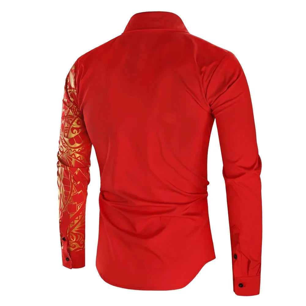 Autumn Men's Red Long-sleeved Shirt with Gold Print Decoration, Asian Size/ Loose Fit White Shirts, Available in Black and Blue.