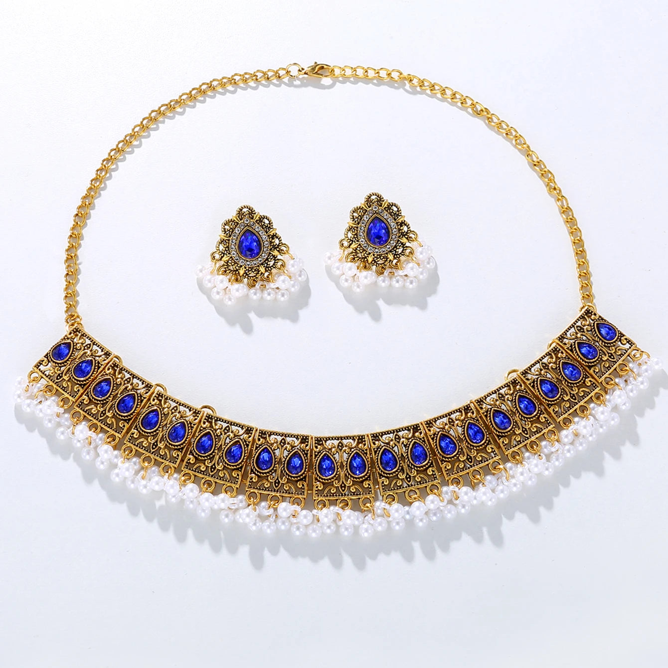 Luxury Vintage Indian Jewelry Set Antique Gold Plated Crystal Zircon Necklace Earrings Sets Ethnic Bridal Wedding Bijoux Gifts