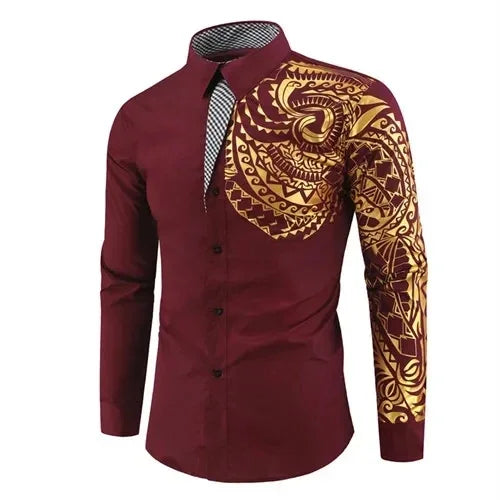 Autumn Men's Red Long-sleeved Shirt with Gold Print Decoration, Asian Size/ Loose Fit White Shirts, Available in Black and Blue.