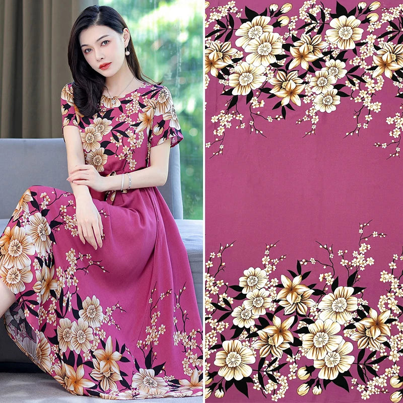 Summer Printed Rayon Fabric Soft Comfortable By The Meter for Women\'s Dress Shirts Diy Sewing Cloth Flowers Breathable Green