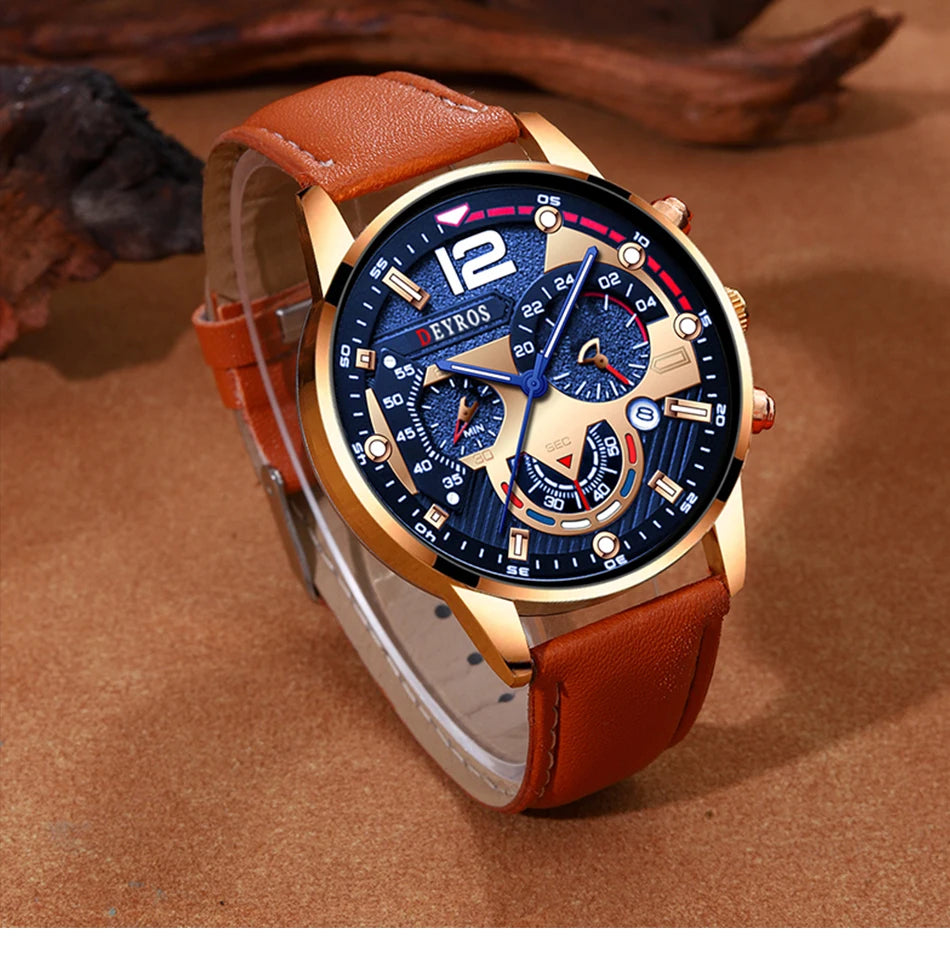 2PCS Set Fashion Mens Calendar Watches Luxury Male Business Casual Brown Leather Quartz Watch Men Bracelet Wrist Watch