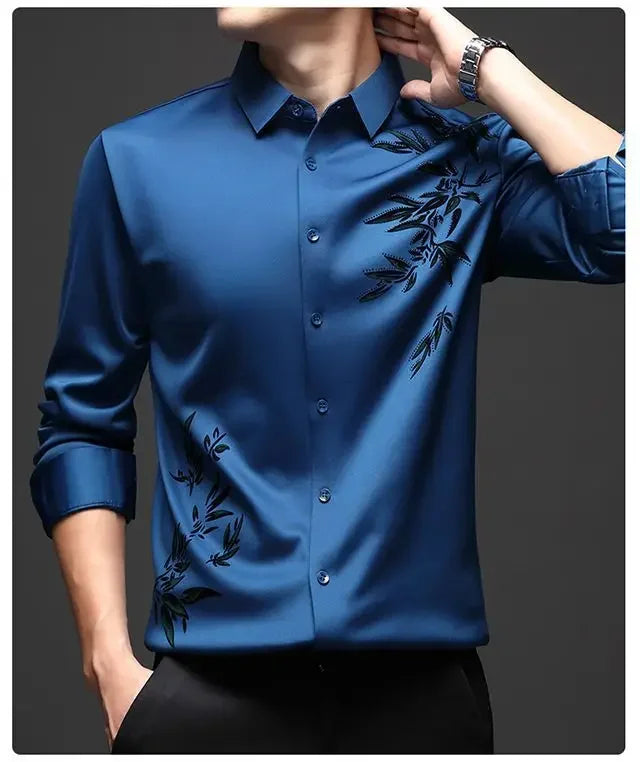 Autumn Winter Plus Fleece Men Shirts Printing Anti-Wrinkle Thermal Turn-down Collar Long Sleeve Banquet Single-breasted Tops