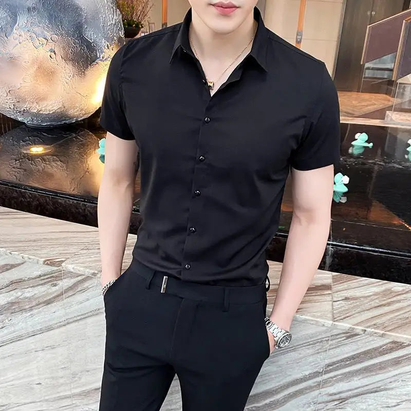 Black Man Tops Plain Shirts And Blouses For Men Short Sleeve Clothing With Collar Luxury Social Aesthetic Designer Original Cool