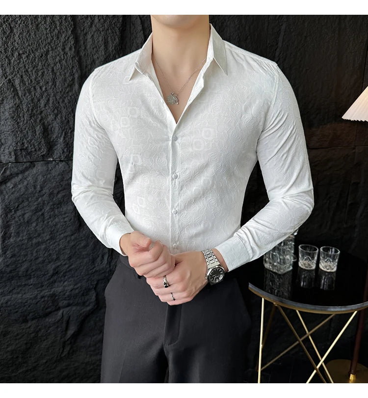 Camisas De Hombre Men Fashion Long Sleeve Jacquard Shirt High Quality Luxury Business Slimming Social Elegant Dress Casual Shirt