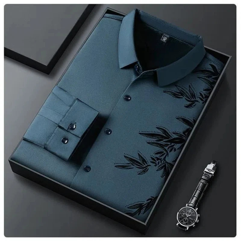 Autumn Winter Plus Fleece Men Shirts Printing Anti-Wrinkle Thermal Turn-down Collar Long Sleeve Banquet Single-breasted Tops