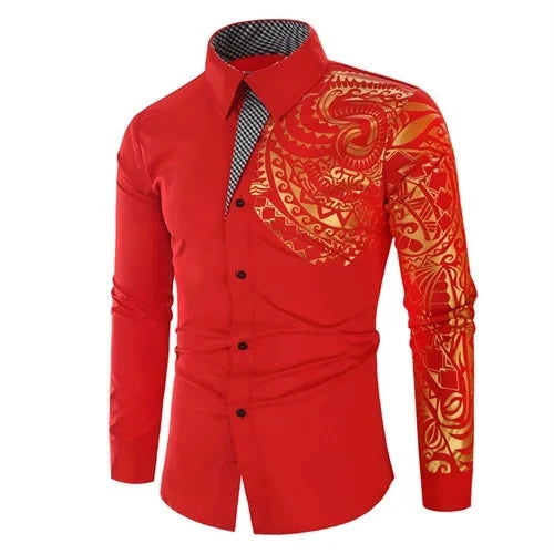 Autumn Men's Red Long-sleeved Shirt with Gold Print Decoration, Asian Size/ Loose Fit White Shirts, Available in Black and Blue.