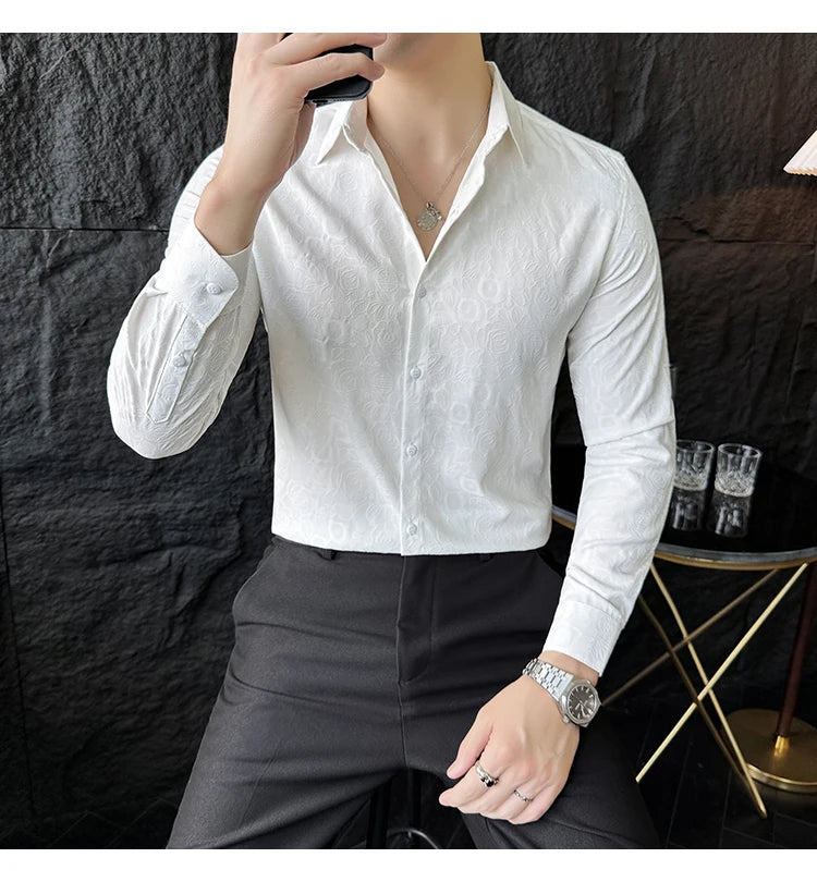 Camisas De Hombre Men Fashion Long Sleeve Jacquard Shirt High Quality Luxury Business Slimming Social Elegant Dress Casual Shirt