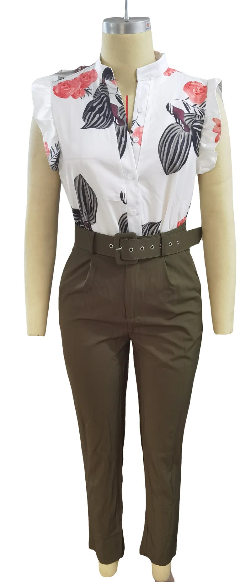 Women's Pant Set 2023 Summer Fashion Geometric Print Ruffle Sleeve Top and Pants Set with Belt Elegant Office Suit