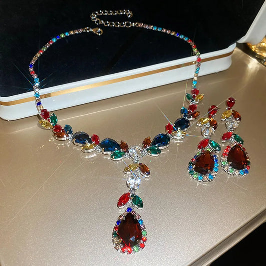 DREJEW Luxury Jewelry Set for Women Silver Needle Colored Zircon Leaf Earrings  Necklace Vintage Exquisite Wedding Gits