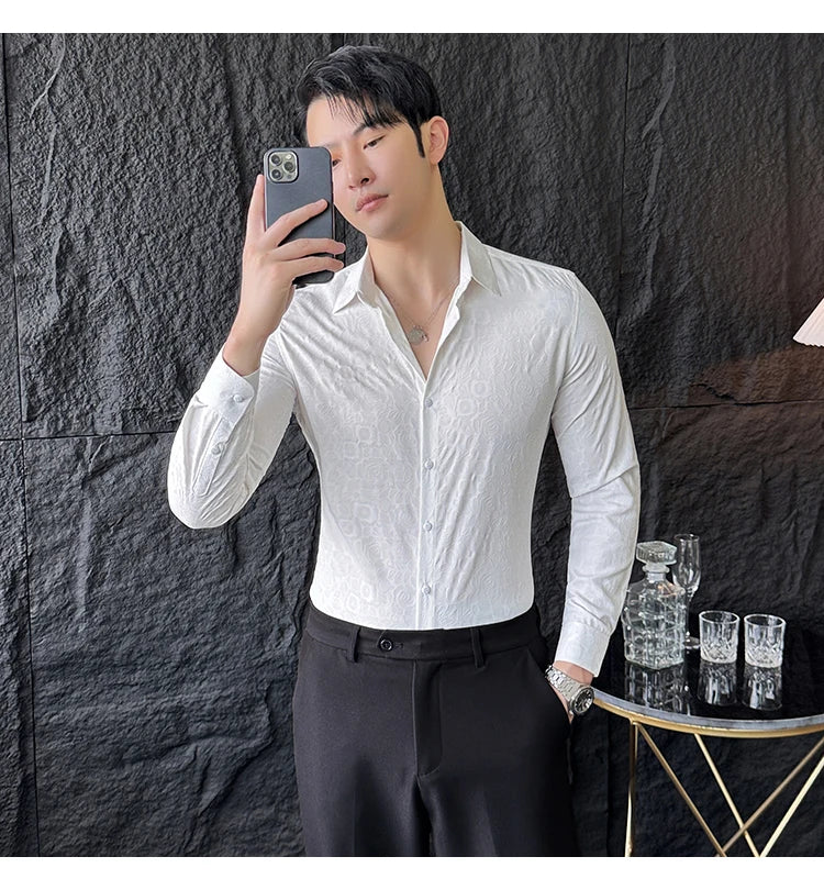 Camisas De Hombre Men Fashion Long Sleeve Jacquard Shirt High Quality Luxury Business Slimming Social Elegant Dress Casual Shirt