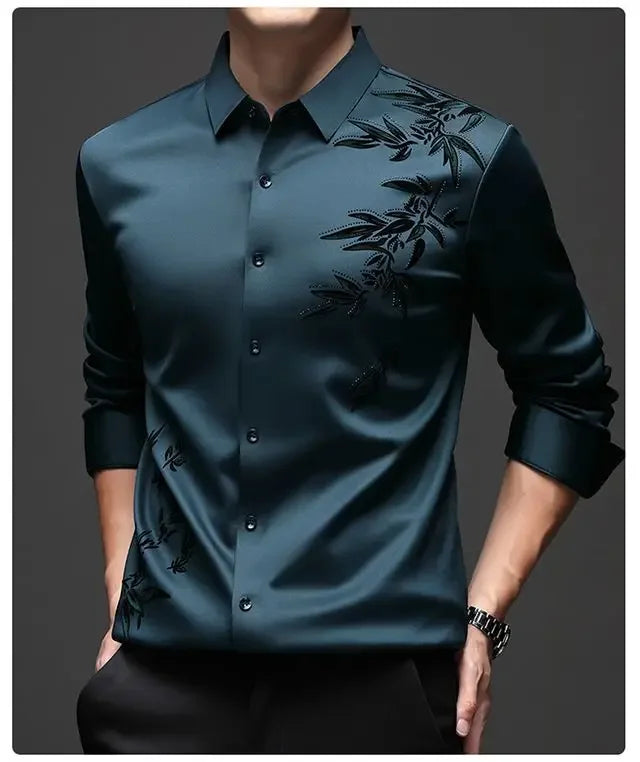 Autumn Winter Plus Fleece Men Shirts Printing Anti-Wrinkle Thermal Turn-down Collar Long Sleeve Banquet Single-breasted Tops
