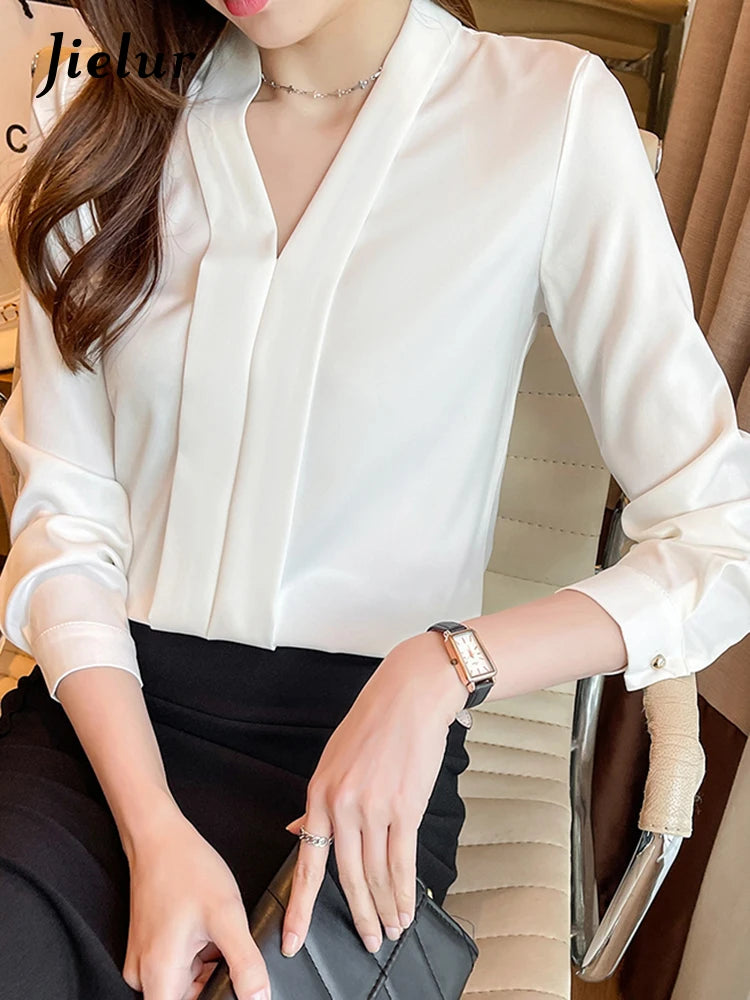 Jielur Elegant Office Lady Work White Blouse Female Fashion Basic Long Sleeve Black Shirt Women Spring Chiffon Tops V-Neck S-XXL