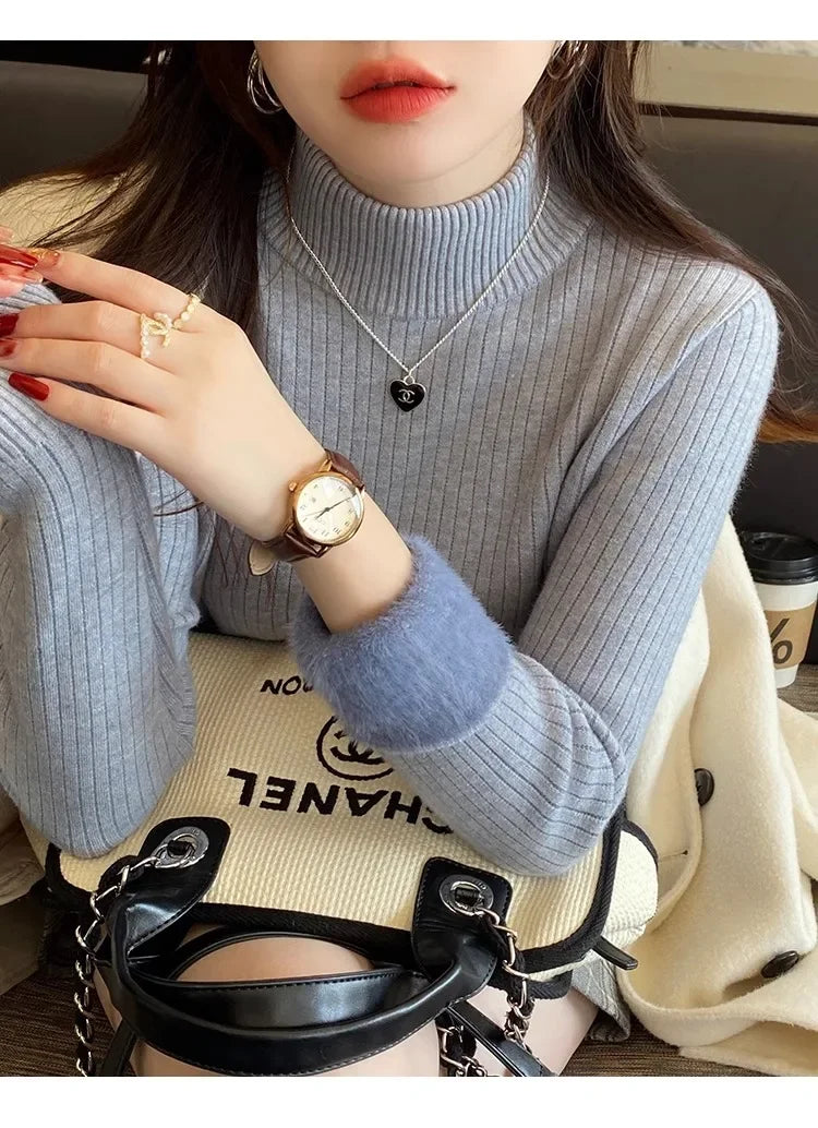 Sweater For Women Winter Thicken Turtleneck Slim Knit Pullover New Warm Plush Velvet Lined Knitwear Jumper Tops Casual Poleras