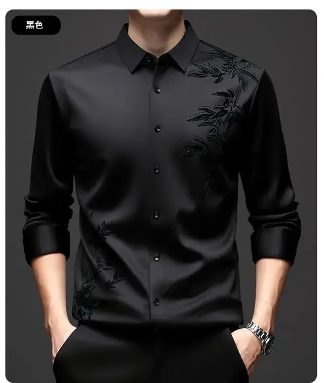 Autumn Winter Plus Fleece Men Shirts Printing Anti-Wrinkle Thermal Turn-down Collar Long Sleeve Banquet Single-breasted Tops