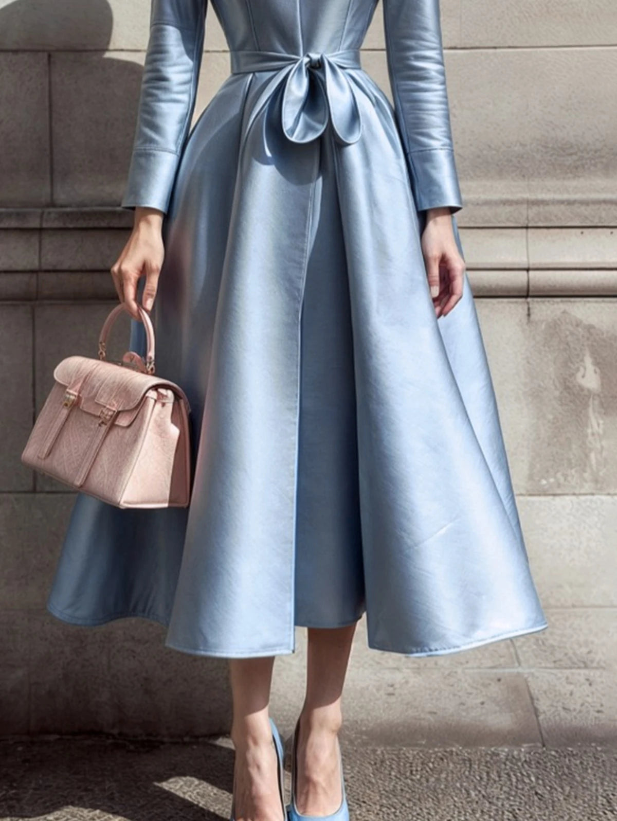 Elegant Dress for Women Stand Collar Pleated A-Line Long Sleeve Sweet Party Club Evening Wedding Guest Midi Dresses with Belt