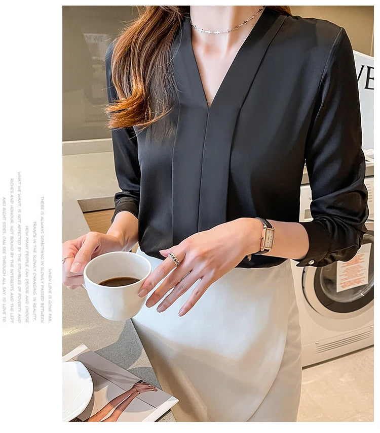 Jielur Elegant Office Lady Work White Blouse Female Fashion Basic Long Sleeve Black Shirt Women Spring Chiffon Tops V-Neck S-XXL