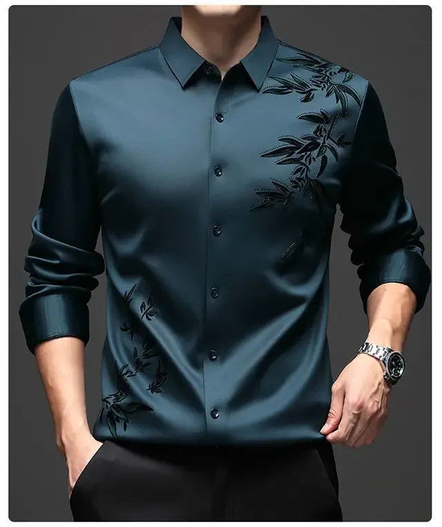 Autumn Winter Plus Fleece Men Shirts Printing Anti-Wrinkle Thermal Turn-down Collar Long Sleeve Banquet Single-breasted Tops