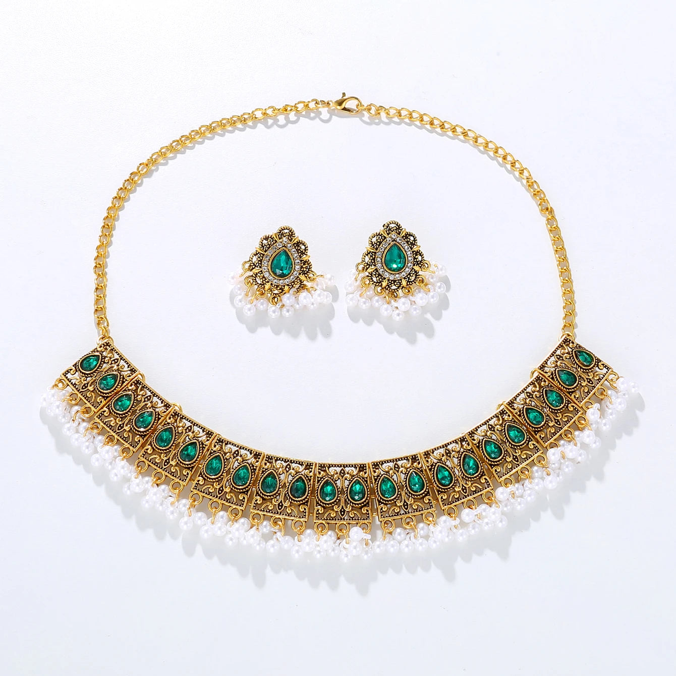 Luxury Vintage Indian Jewelry Set Antique Gold Plated Crystal Zircon Necklace Earrings Sets Ethnic Bridal Wedding Bijoux Gifts