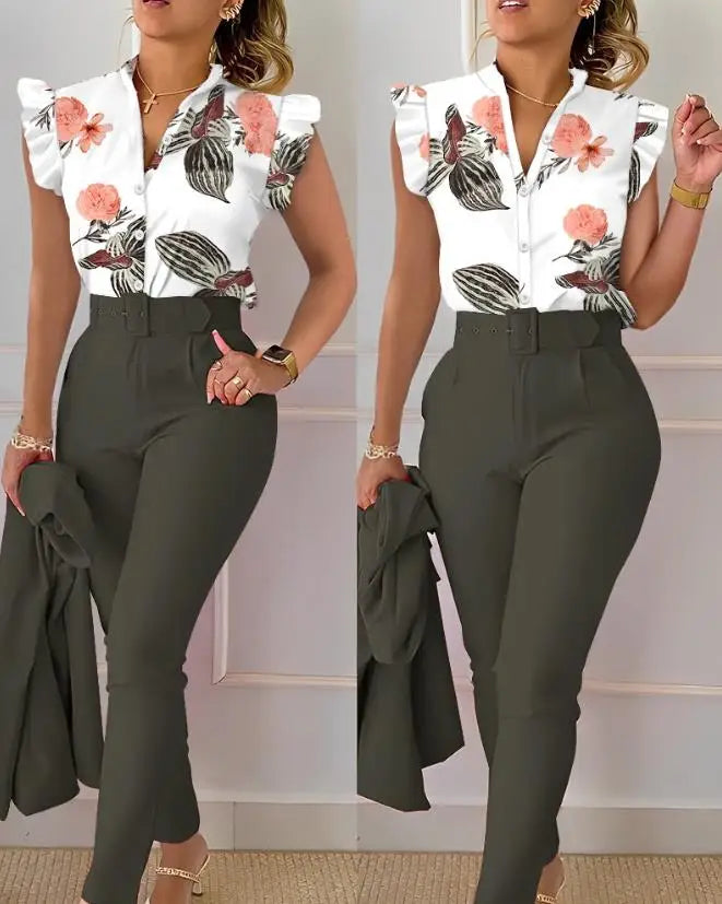 Women's Pant Set 2023 Summer Fashion Geometric Print Ruffle Sleeve Top and Pants Set with Belt Elegant Office Suit