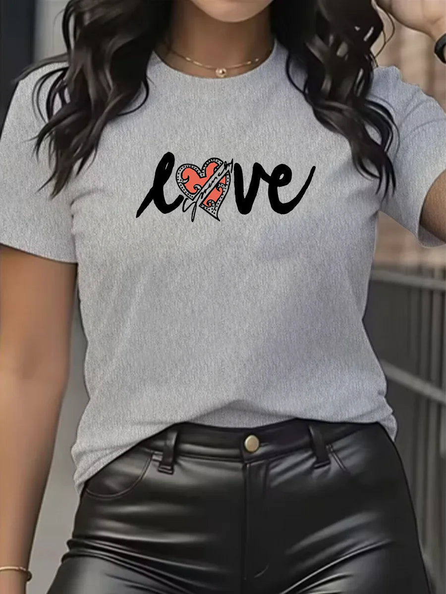 Summer women's fashionable 100% cotton comfortable casual LOVE letter pattern sports round-neck short-sleeved T-shirt top