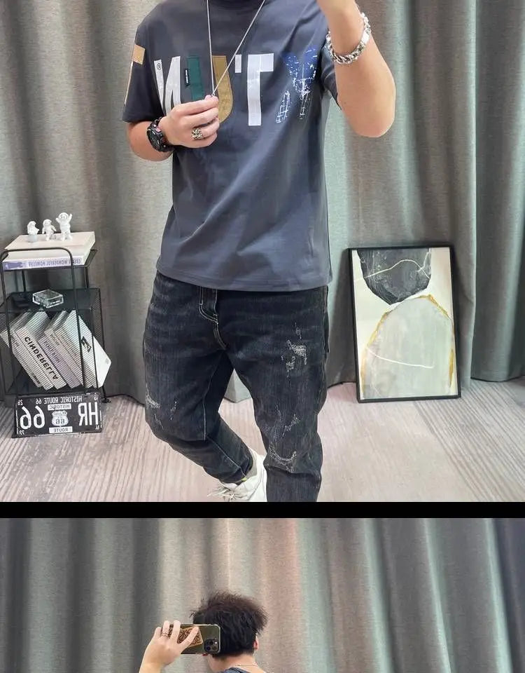 2023 Summer New Fashion Street Letter Printing T-Shirts Man Korean Style Round Neck Short Sleeve Loose Casual Cotton Pullovers