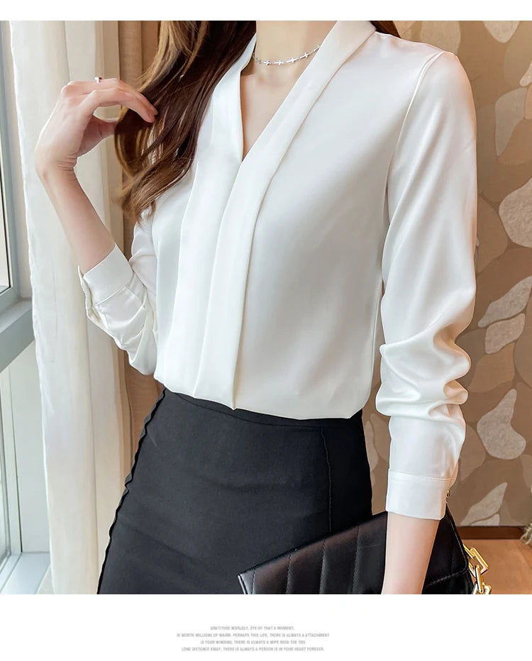 Jielur Elegant Office Lady Work White Blouse Female Fashion Basic Long Sleeve Black Shirt Women Spring Chiffon Tops V-Neck S-XXL
