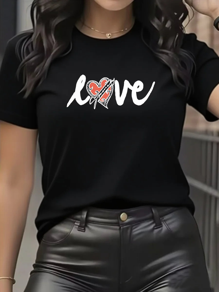 Summer women's fashionable 100% cotton comfortable casual LOVE letter pattern sports round-neck short-sleeved T-shirt top