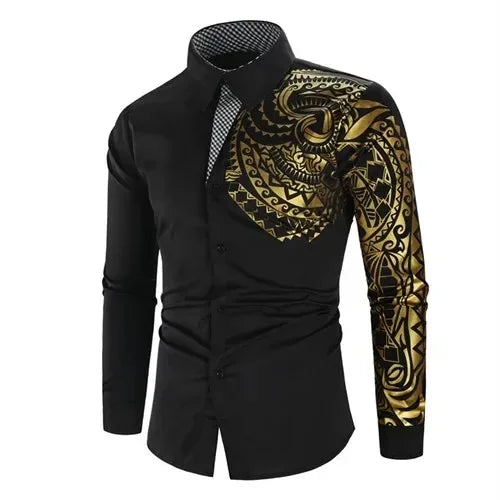 Autumn Men's Red Long-sleeved Shirt with Gold Print Decoration, Asian Size/ Loose Fit White Shirts, Available in Black and Blue.
