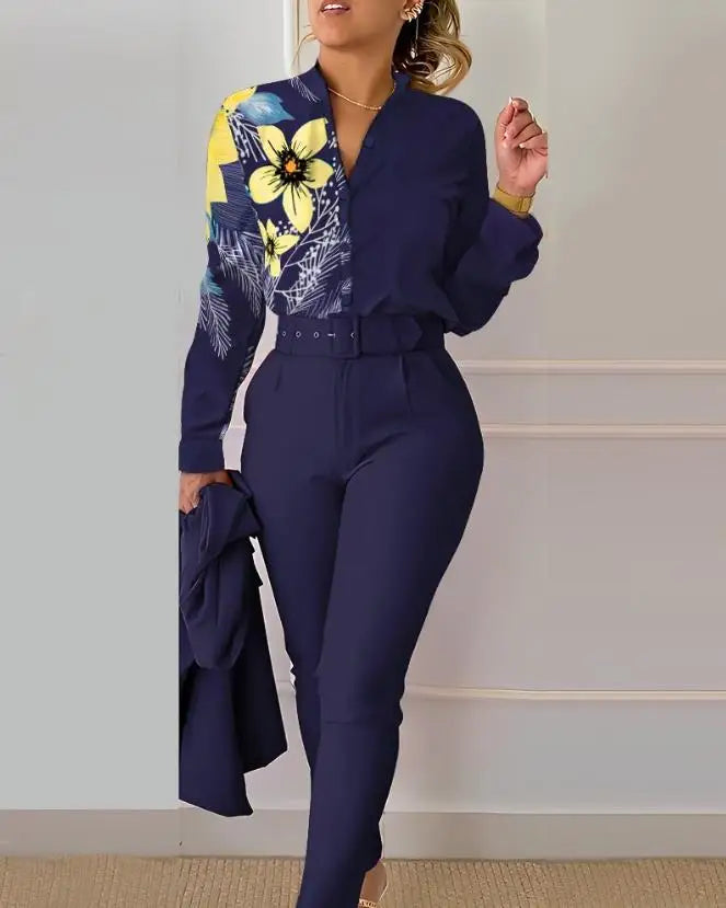 Women's Pant Set 2023 Summer Fashion Geometric Print Ruffle Sleeve Top and Pants Set with Belt Elegant Office Suit
