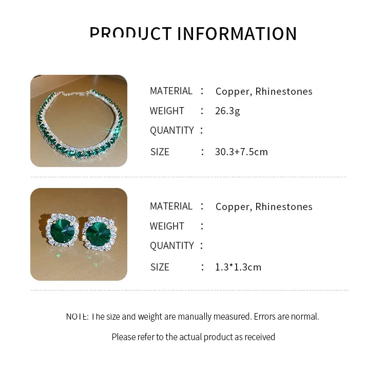 DREJEW Inlaid Green Crystal Necklaces Stud Earrings Jewelry Set For Women Luxury Necklace and Earring with Rhinestones For Party