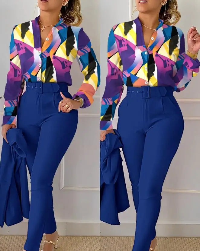 Women's Pant Set 2023 Summer Fashion Geometric Print Ruffle Sleeve Top and Pants Set with Belt Elegant Office Suit