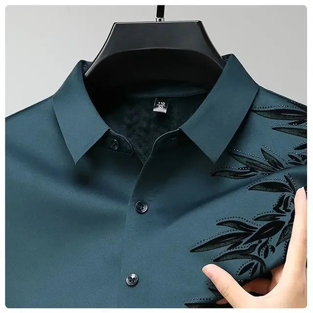 Autumn Winter Plus Fleece Men Shirts Printing Anti-Wrinkle Thermal Turn-down Collar Long Sleeve Banquet Single-breasted Tops