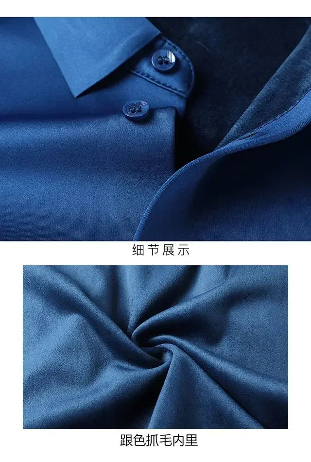 Autumn Winter Plus Fleece Men Shirts Printing Anti-Wrinkle Thermal Turn-down Collar Long Sleeve Banquet Single-breasted Tops
