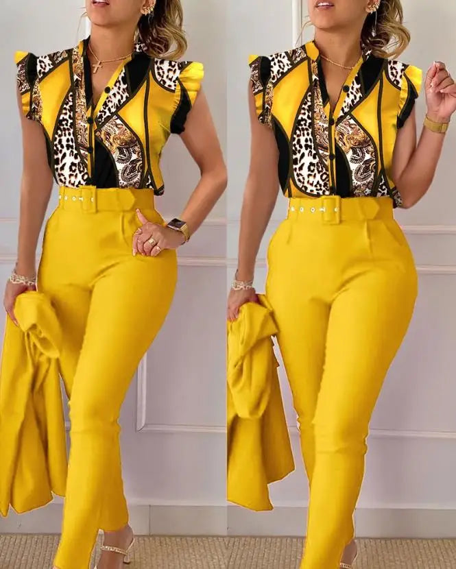 Women's Pant Set 2023 Summer Fashion Geometric Print Ruffle Sleeve Top and Pants Set with Belt Elegant Office Suit