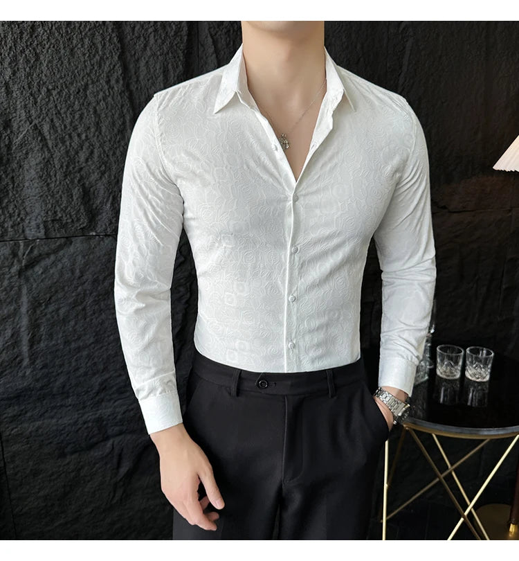 Camisas De Hombre Men Fashion Long Sleeve Jacquard Shirt High Quality Luxury Business Slimming Social Elegant Dress Casual Shirt