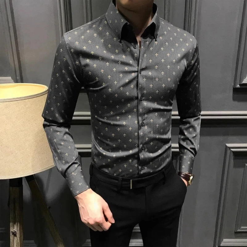 New Spring Autumn Printed Fashionable Men's Long-sleeved Shirts Slim Shirts Trendy Casual Business Tops No Ironing Anti-wrinkle