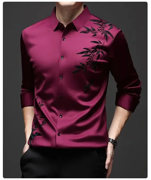 Autumn Winter Plus Fleece Men Shirts Printing Anti-Wrinkle Thermal Turn-down Collar Long Sleeve Banquet Single-breasted Tops