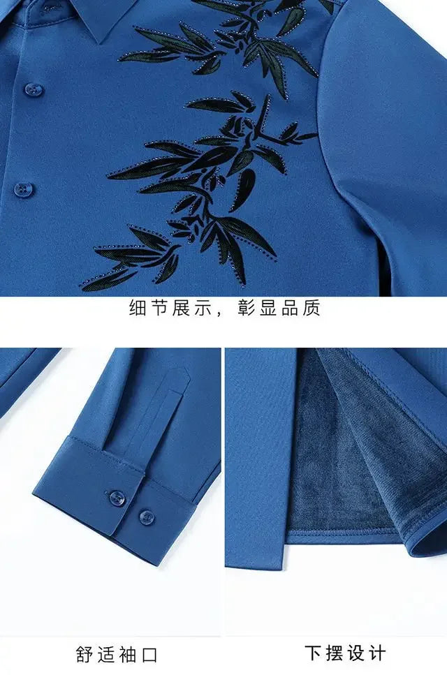 Autumn Winter Plus Fleece Men Shirts Printing Anti-Wrinkle Thermal Turn-down Collar Long Sleeve Banquet Single-breasted Tops