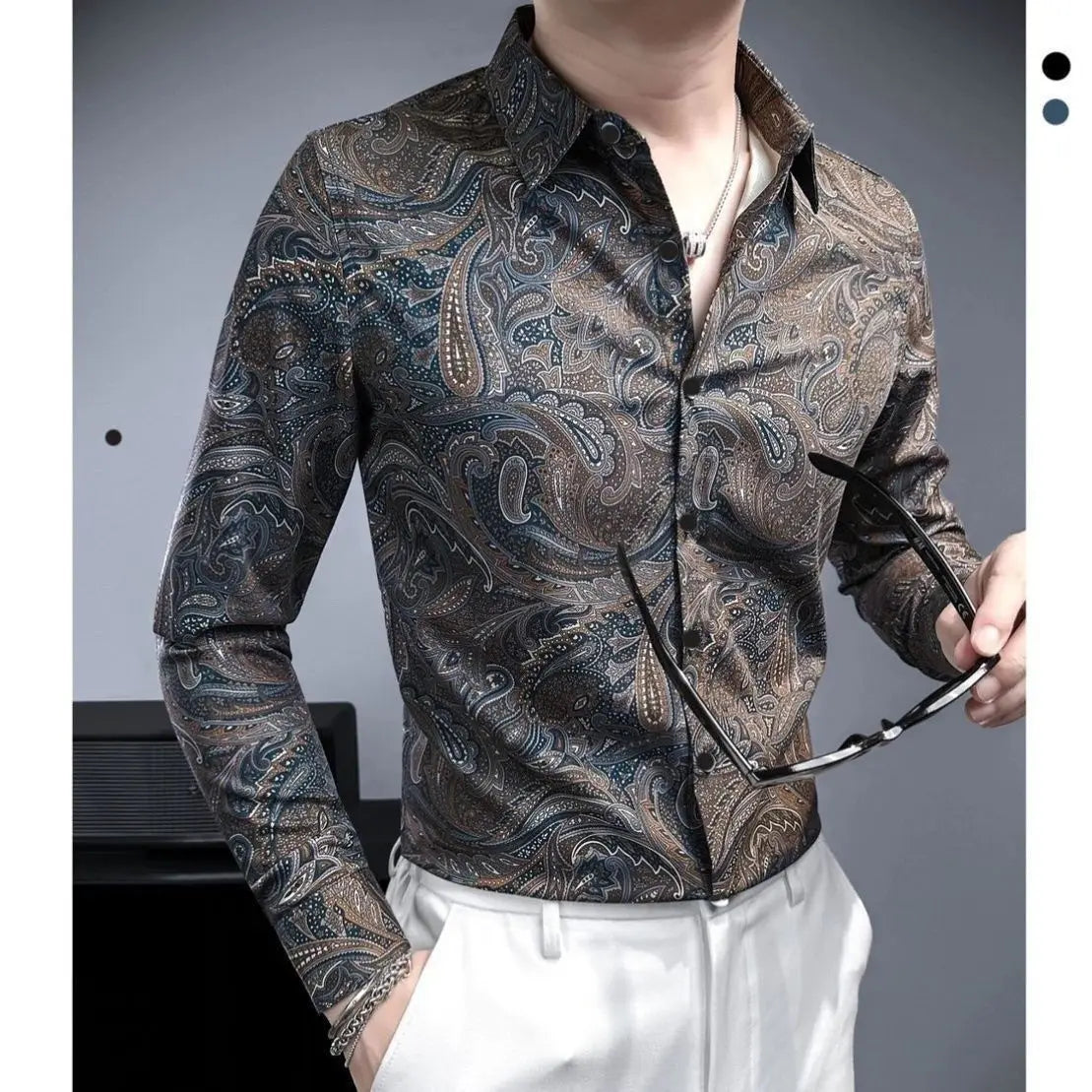 New Spring Summer Men Premium Print Casual Slim Fit Long Sleeve Shirt