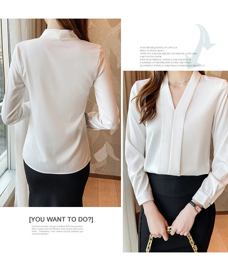 Jielur Elegant Office Lady Work White Blouse Female Fashion Basic Long Sleeve Black Shirt Women Spring Chiffon Tops V-Neck S-XXL