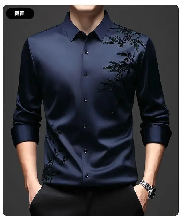 Autumn Winter Plus Fleece Men Shirts Printing Anti-Wrinkle Thermal Turn-down Collar Long Sleeve Banquet Single-breasted Tops