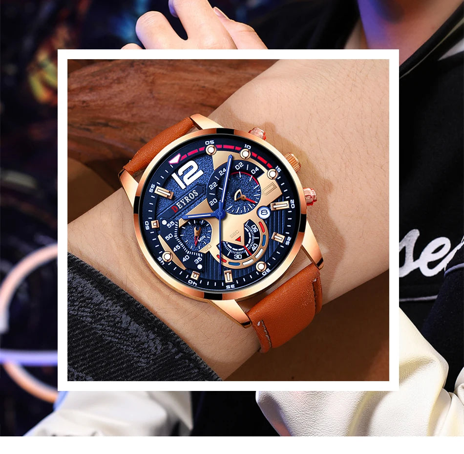 2PCS Set Fashion Mens Calendar Watches Luxury Male Business Casual Brown Leather Quartz Watch Men Bracelet Wrist Watch