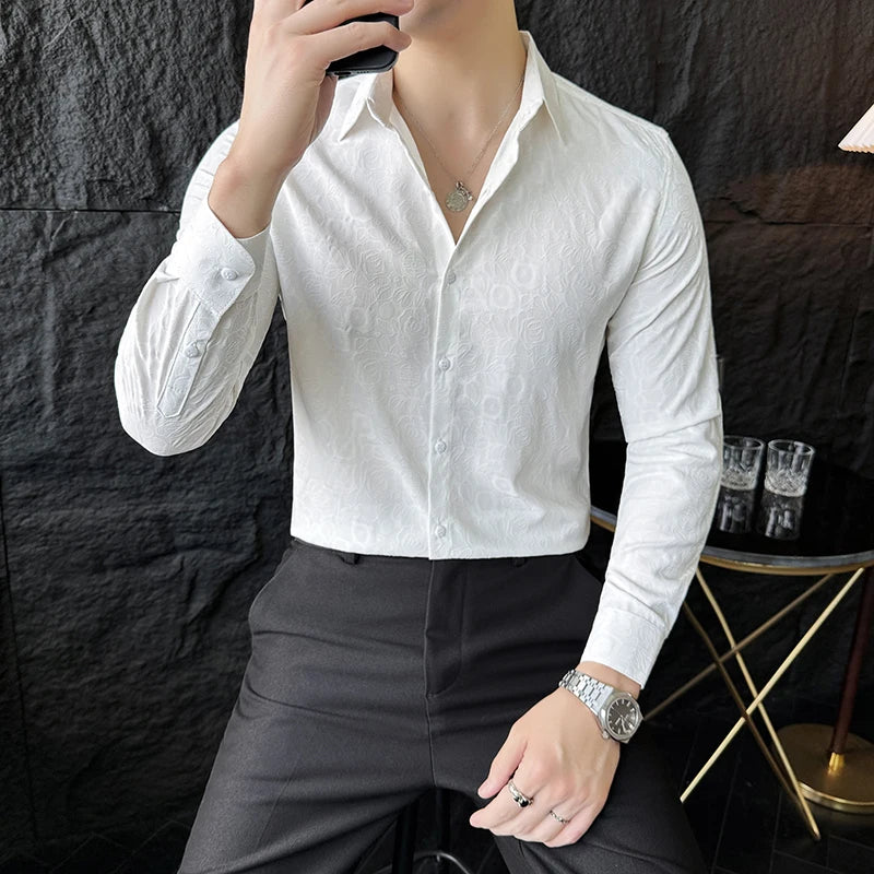 Camisas De Hombre Men Fashion Long Sleeve Jacquard Shirt High Quality Luxury Business Slimming Social Elegant Dress Casual Shirt