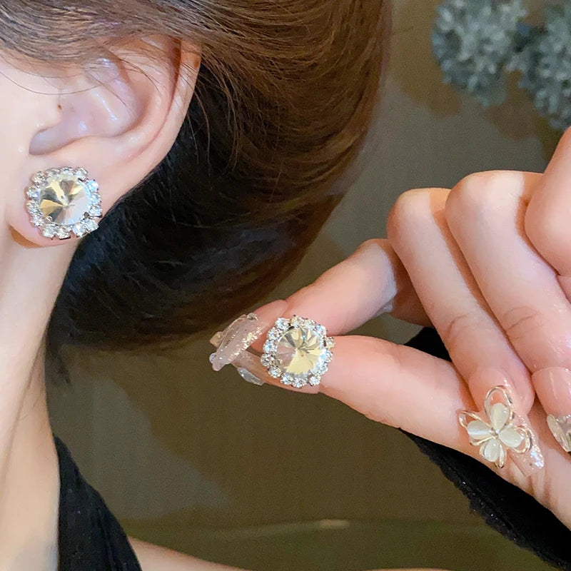 DREJEW Inlaid Green Crystal Necklaces Stud Earrings Jewelry Set For Women Luxury Necklace and Earring with Rhinestones For Party